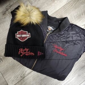 Harley-Davidson Quilted Black Bomber Jacket with Maroon Embroidery